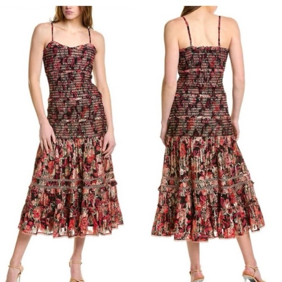Hemant & Nandita Smocked Floral Metallic Tiered Maxi Dress Anthropologie REVOLVE - Picture 3 of 9